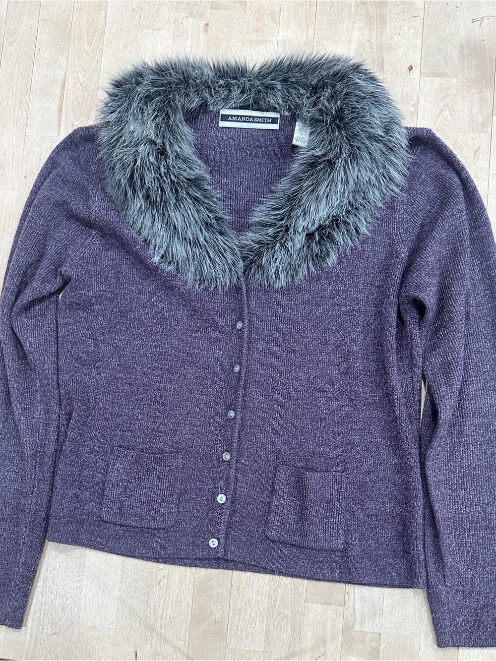 Amanda Smith Plum Cardigan with Faux Fur Collar